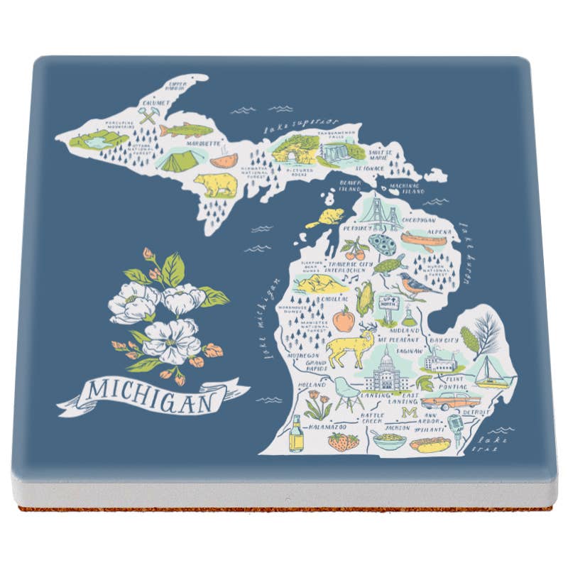 Illustrated Michigan Map Ceramic Coaster